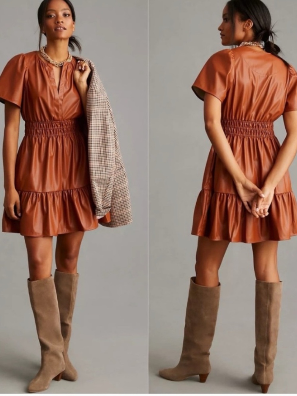 NWT! Anthropologie Somerset Brown Faux Leather Mini Dress Size XXS